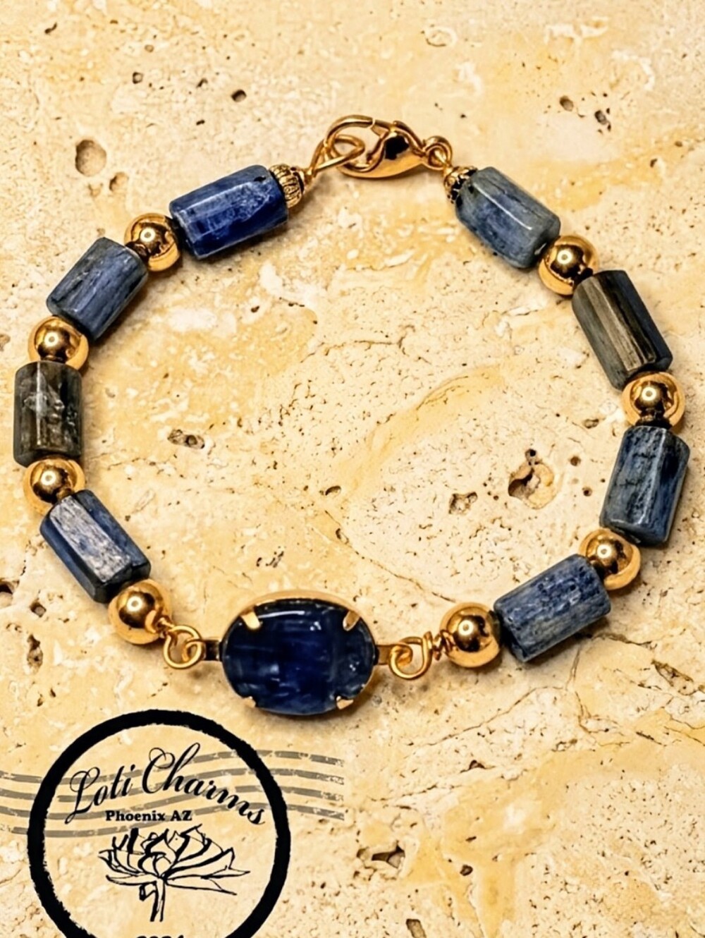 Natural Blue Kyanite Iridiscent Stones In Gold Plated Artisan Bracelet